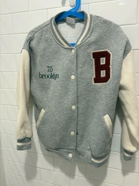 Zara Kids Grey and Cream Varsity Jacket with 'B' Patch